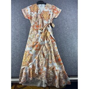 Vicky and Lucas Orange Paisley Wrap Dress V-Neck Ruffle High Low Hem Size Medium
